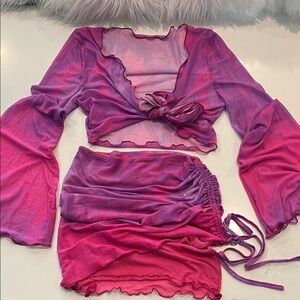 Tiger Mist Vacation Cover Up Ruched Skirt & Tie Crop Top Pink and Purple S/XS